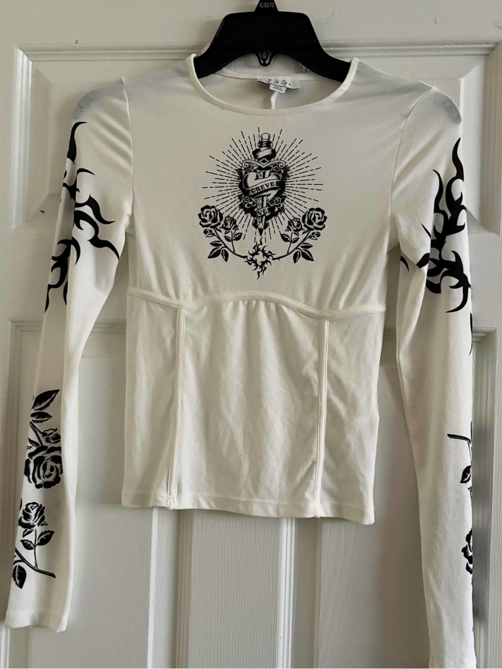 ๐คTOPSHOP Ivory Tattoo Rose Graphic Long Sleeve Corset Top Size US 4